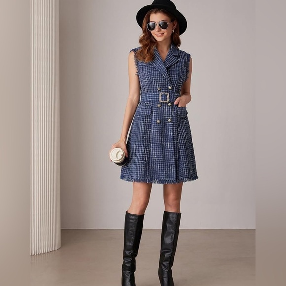 GRACE KARIN Women Tweed Sleeveless V Neck Button Down Dress Pockets Navy Blue LG - Picture 5 of 14